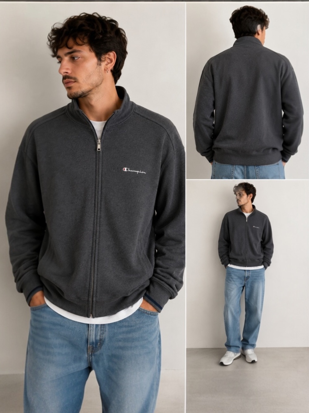 Champion Full Zip Sweatshirt Jacket Gray 3XL Oversized Cotton